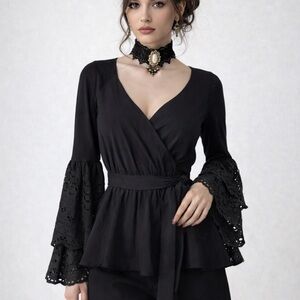 Rebecca Minkoff Melly Eyelet Bell Sleeve Wrap Top Black NWOT Goth Victorian XXS